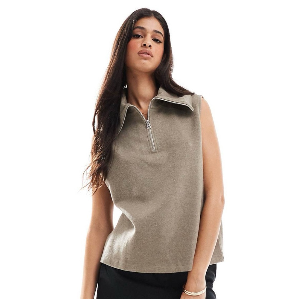 Asos Design Supersoft Half Zip Tank in Taupe Heather - Large